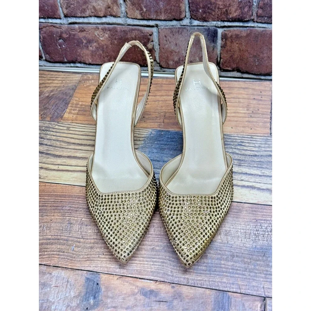 Halston Women's Hawaii Embellished Slingback Pointed Toe Heels Gold Rhinestone 8